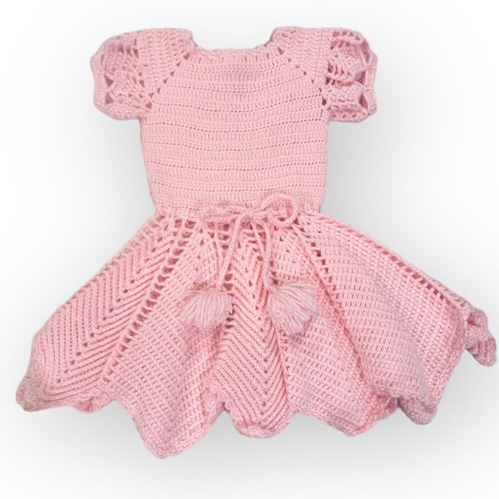 Grandma Crochet Pink Handkerchief Hem Sweater Dress sz Small